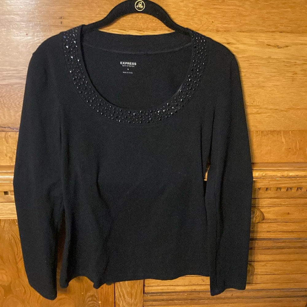 Express Sexy Stretch Black Studded Scoop Neck Long Sleeve Top Small Gothic Glam